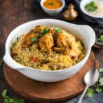 andhra chicken biryani served in bowl with curry