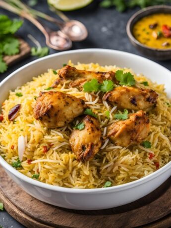 chicken biryani served in a bowl with gravy