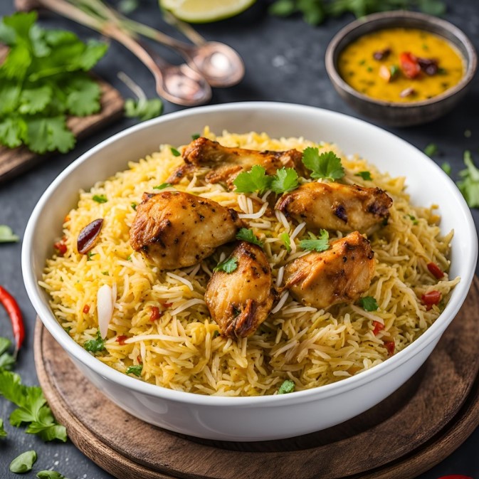 chicken biryani served in a bowl with gravy