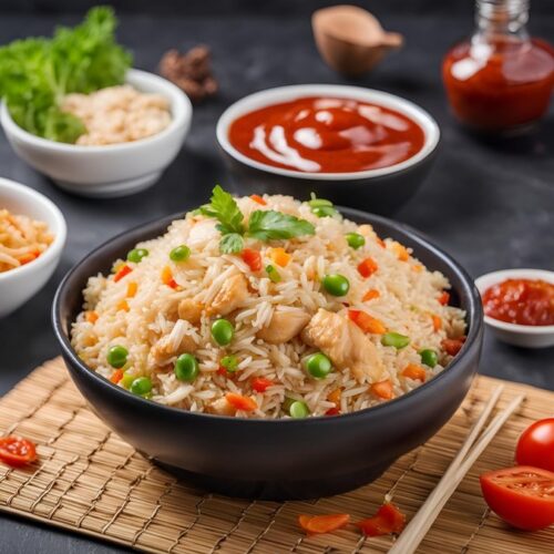 chicken fried rice served with tomato ketchup