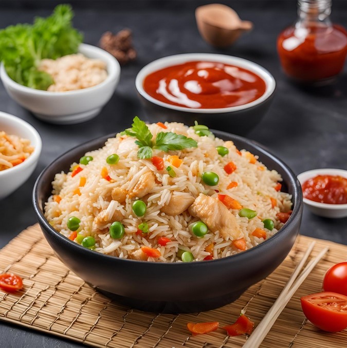 chicken fried rice served with tomato ketchup