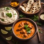 chicken tikka masala served in bowl with butter naan and raitha