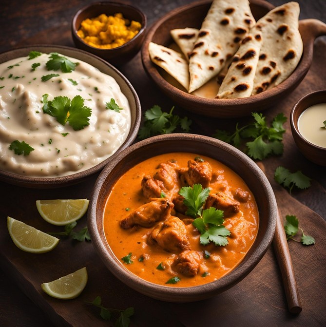 chicken tikka masala served in bowl with butter naan and raitha