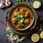 garlic chicken masala served in bowl with lemon decoration