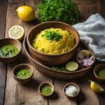 lemon rice served in bowl with green chutney and grated coconut