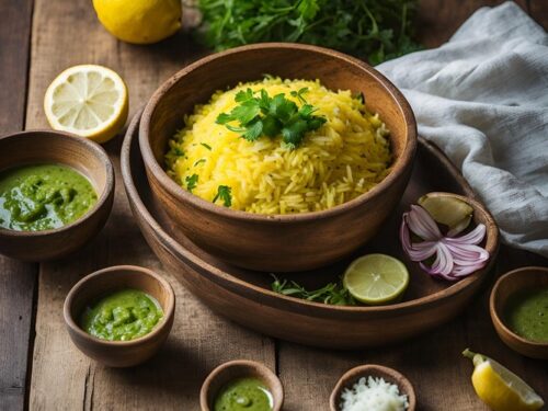 lemon rice served in bowl with green chutney and grated coconut