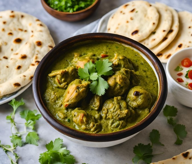 palak chicken masala served in bowl with butter naan