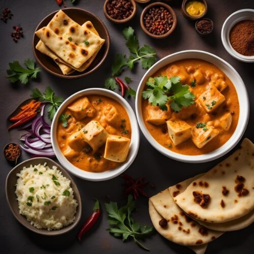 paneer butter masala served in bowl with rice and butter naan