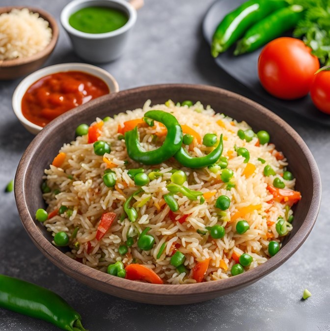 vegetable fried rice served in bowl with tomato ketchup and green chutney