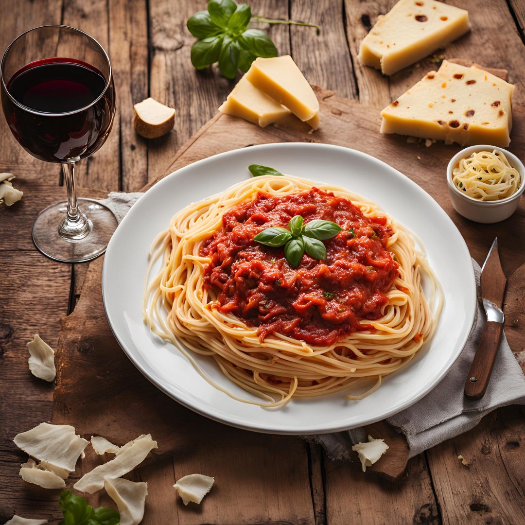 arrabiata sauce with spaghetti served in a plate with glass of wine