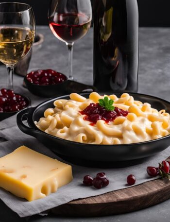 macaroni with bechamel sauce served in plate with a glass of wine