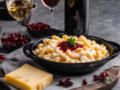 macaroni with bechamel sauce served in plate with a glass of wine