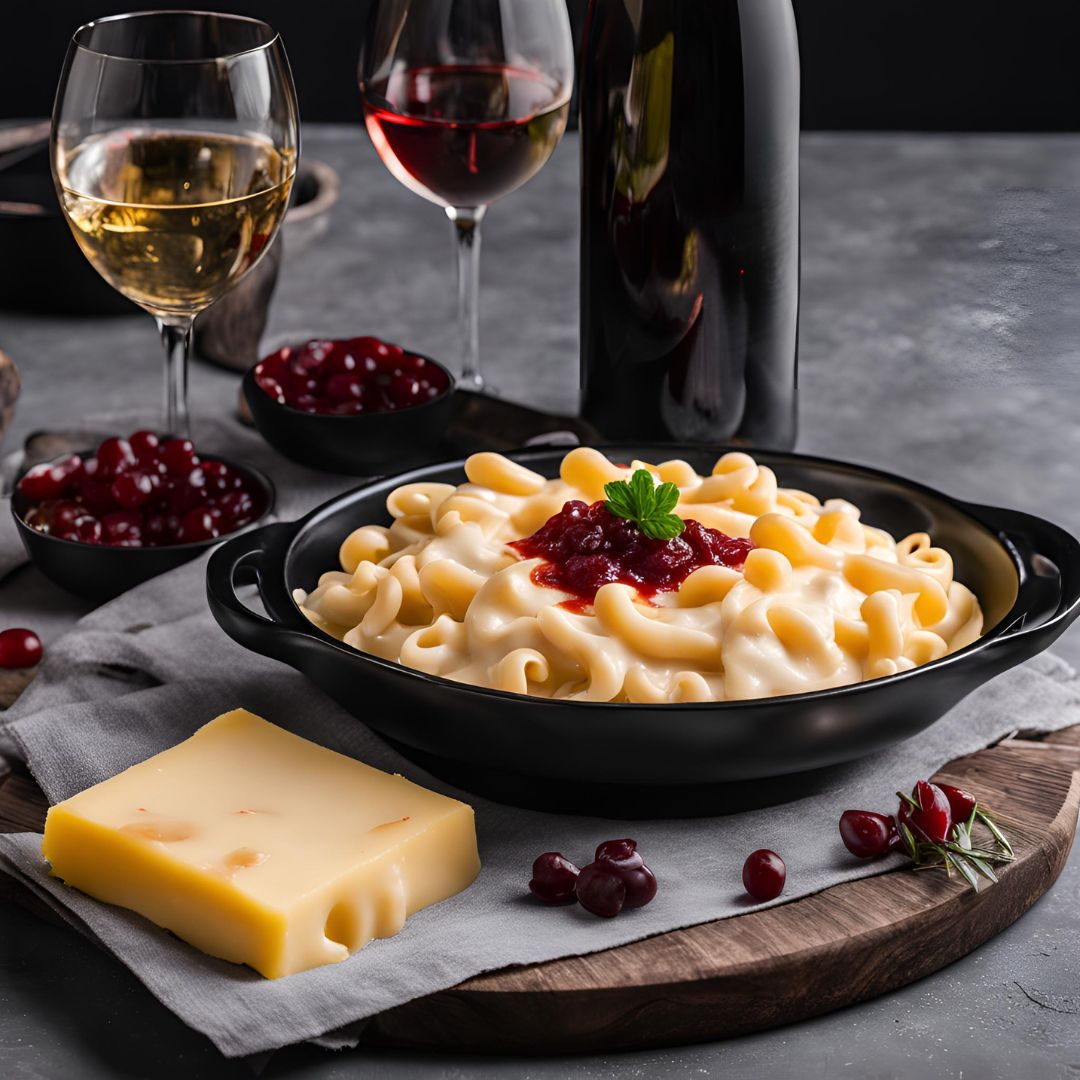 macaroni with bechamel sauce served in plate with a glass of wine