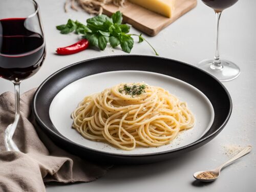 Cacio-e-Pepe with Spaghetti and a glass of wine