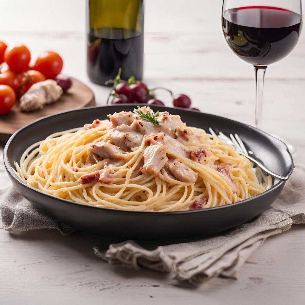 spaghetti carbona sauce with chicken served in plate with red wine.