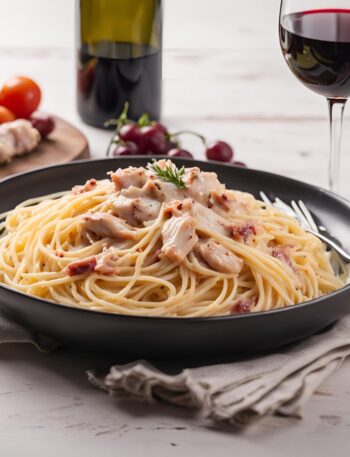 spaghetti carbona sauce with chicken served in plate with red wine.