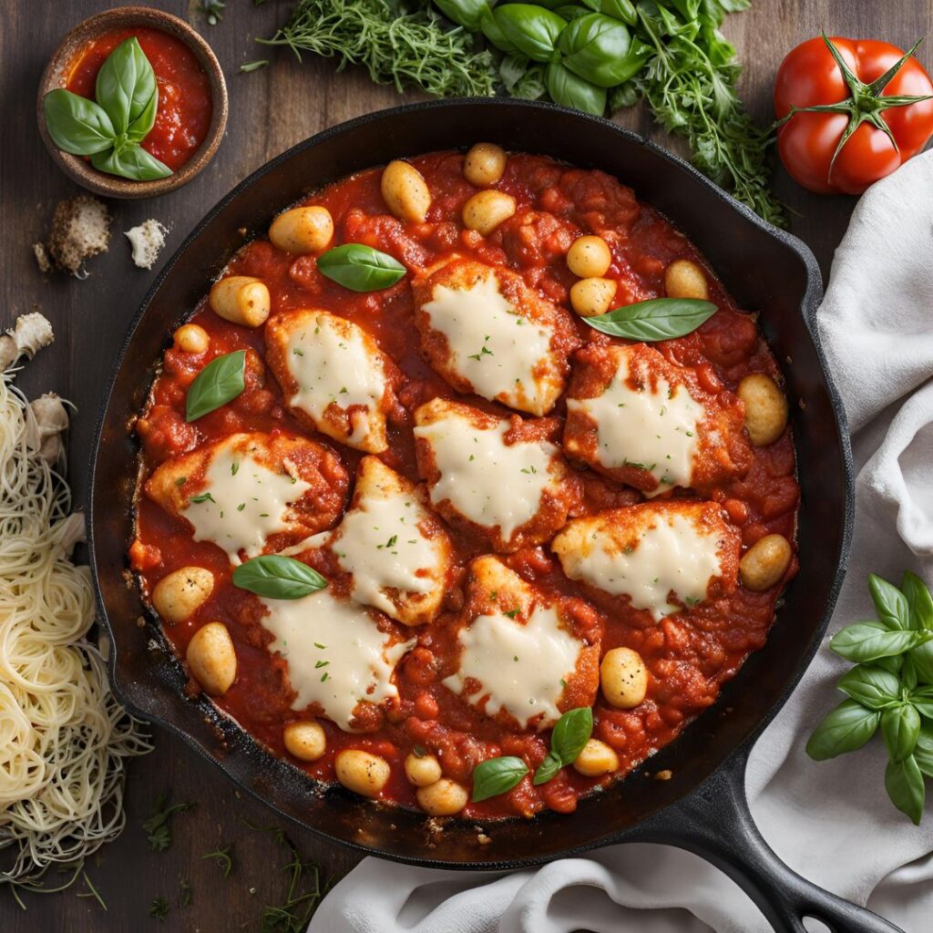 chicken parmesan with gnocchi recipe in a cast iron skillet