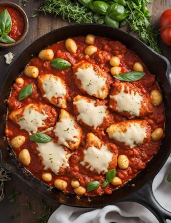 chicken parmesan with gnocchi recipe in a cast iron skillet