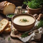 creamy potato soup served in a bowl with bread aside