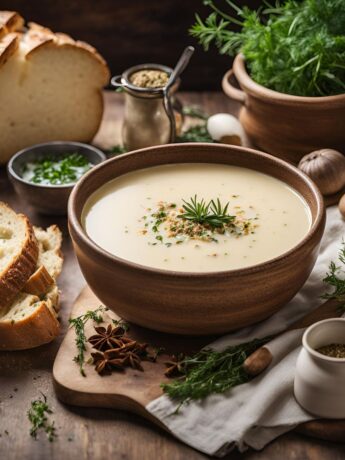 creamy potato soup served in a bowl with bread aside