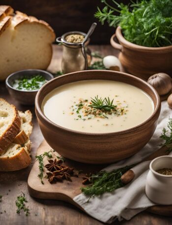 creamy potato soup served in a bowl with bread aside