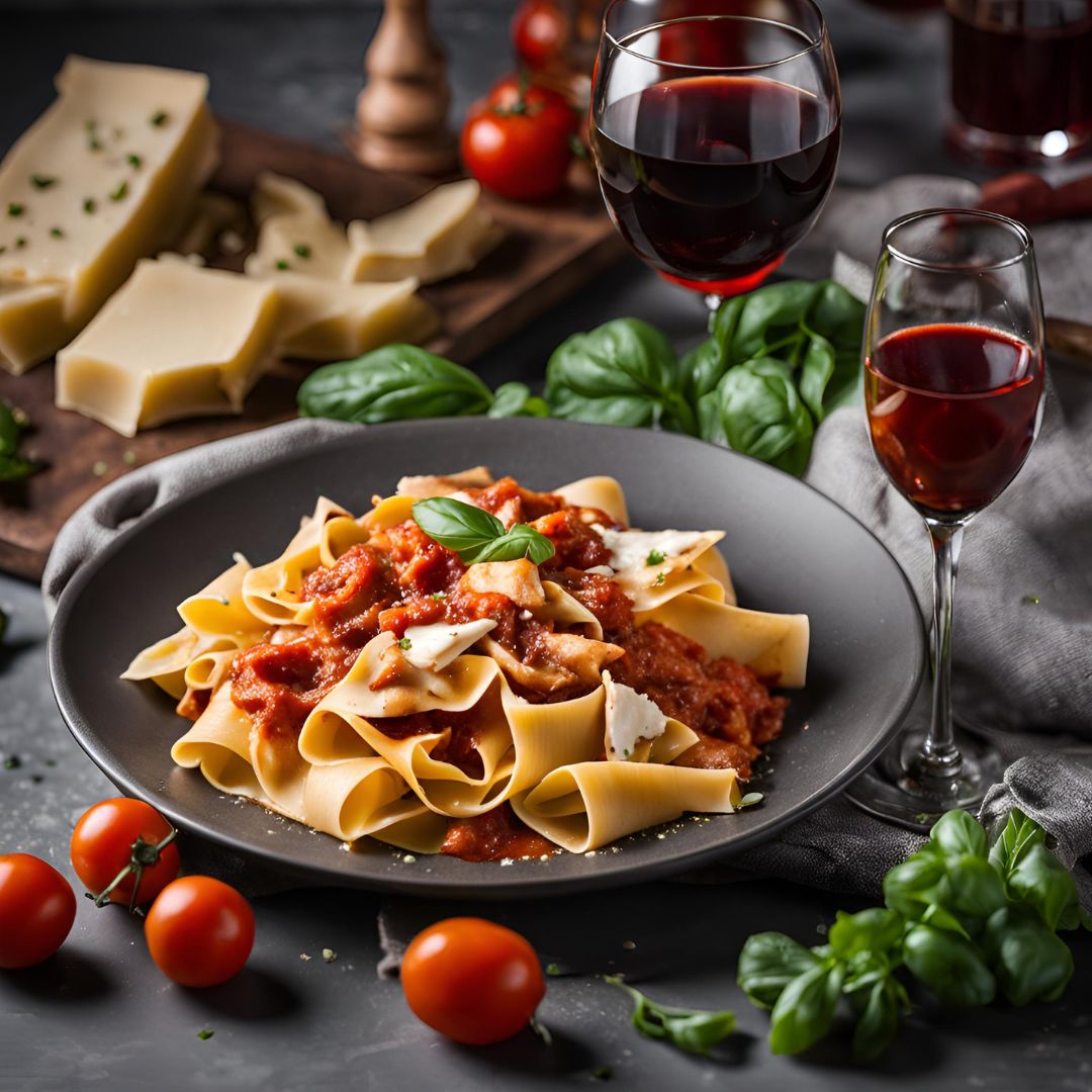 marinara sauce with pasta served in a plate with wine and cheese