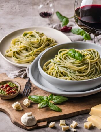 fettucinne pasta with pesto sauce recipe served in plate and a glass of wine