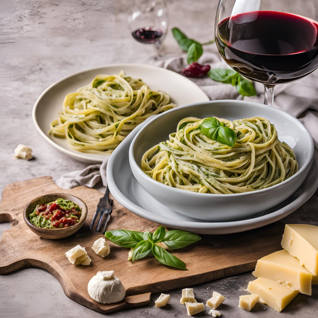 fettucinne pasta with pesto sauce recipe served in plate and a glass of wine