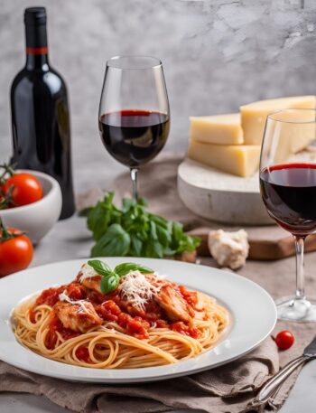 chicken pomodoro sauce with chicken and spaghetti served in a plate with a glass of red wine