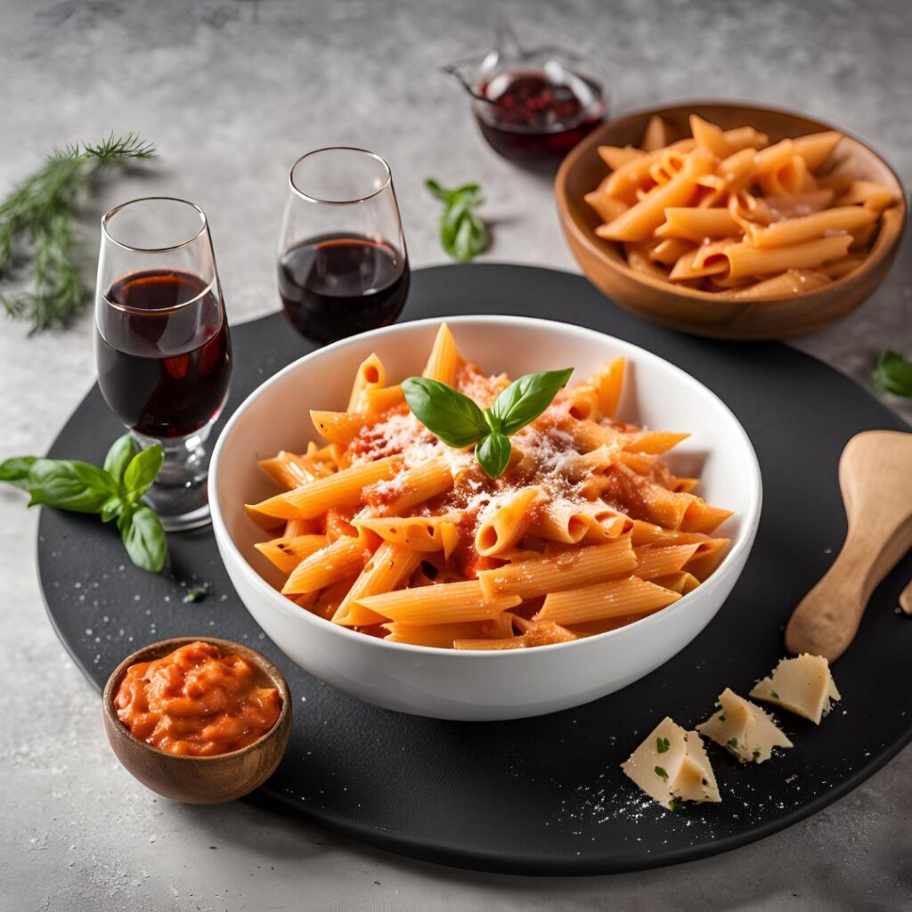 vodka sauce penne pasta served in white bowl with a glass of red wine