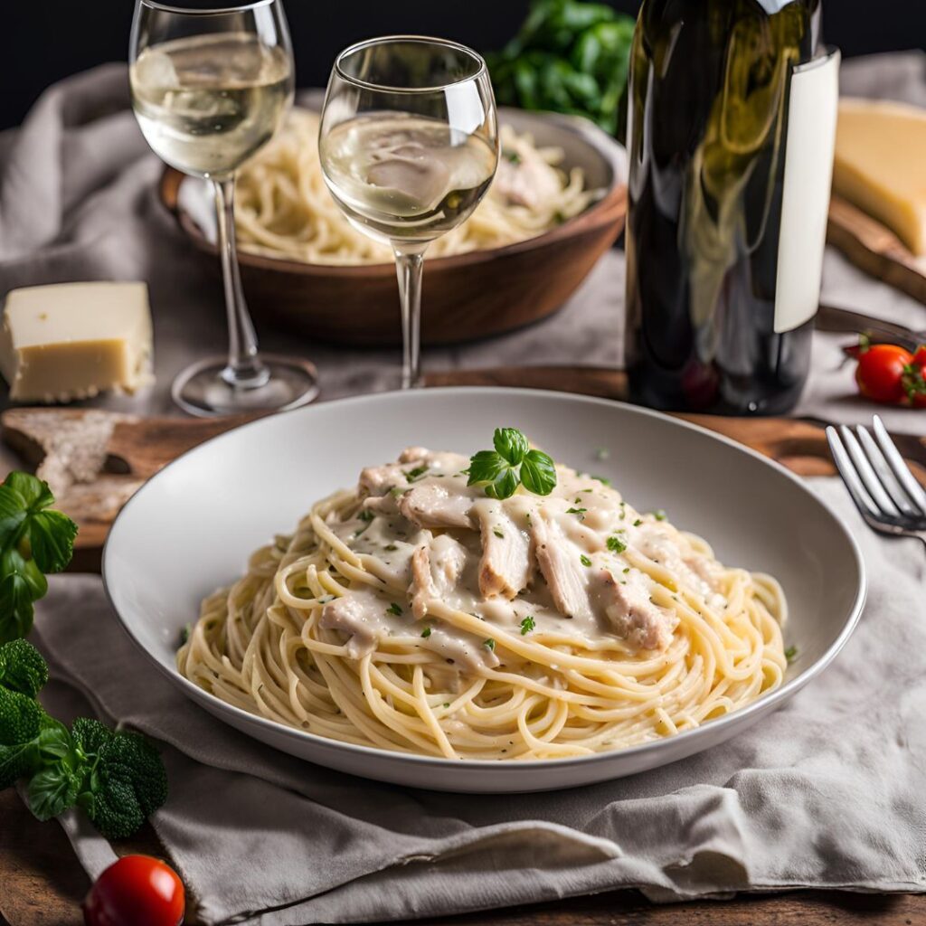 alfredo-sauce-chicken-spaghetti-served on a plate and a glass of wine