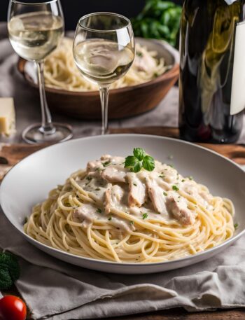 alfredo-sauce-chicken-spaghetti-served on a plate and a glass of wine