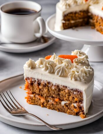 home made carrot cake recipe served in a plate with coffee