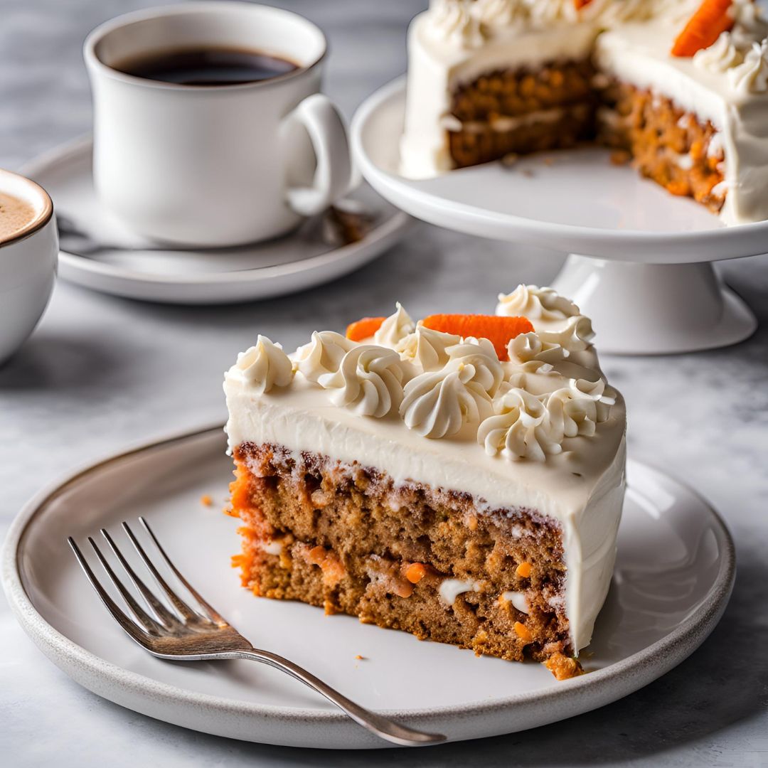 home made carrot cake recipe served in a plate with coffee