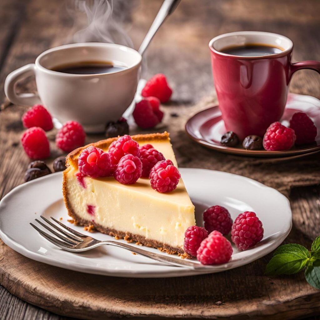 cheesecake slice served in a plate with a cup of coffee