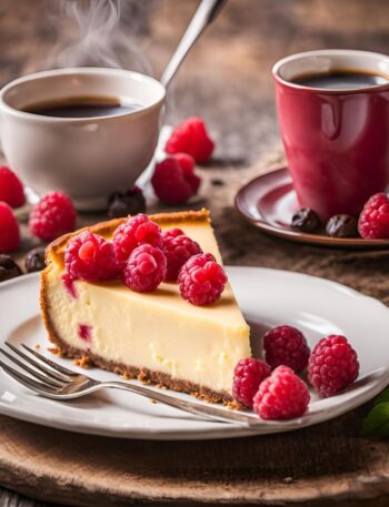 cheesecake slice served in a plate with a cup of coffee