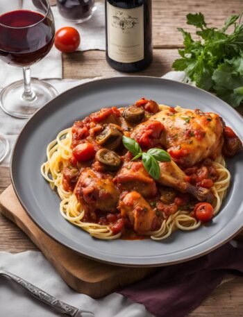 chicken cacciatore recipe served with pasta and red wine