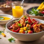 chicken chilli served in bowl with mango juice drink