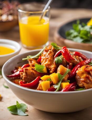 chicken chilli served in bowl with mango juice drink