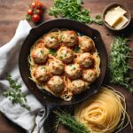 chicken meatball recipe with spaghetti in a cast iron skillet