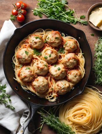 chicken meatball recipe with spaghetti in a cast iron skillet