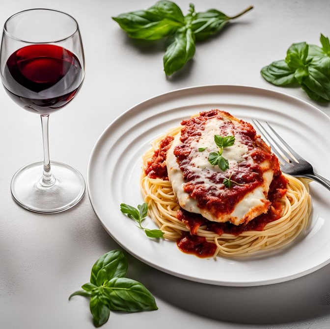 recipe of chicken parmesan served with pasta and red wine