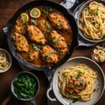 recipe of chicken picatta served with pasta and red wine