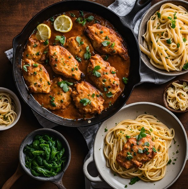 recipe of chicken picatta served with pasta and red wine