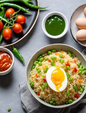 egg fried rice served in a bowl with tomato ketchup and boiled egg.