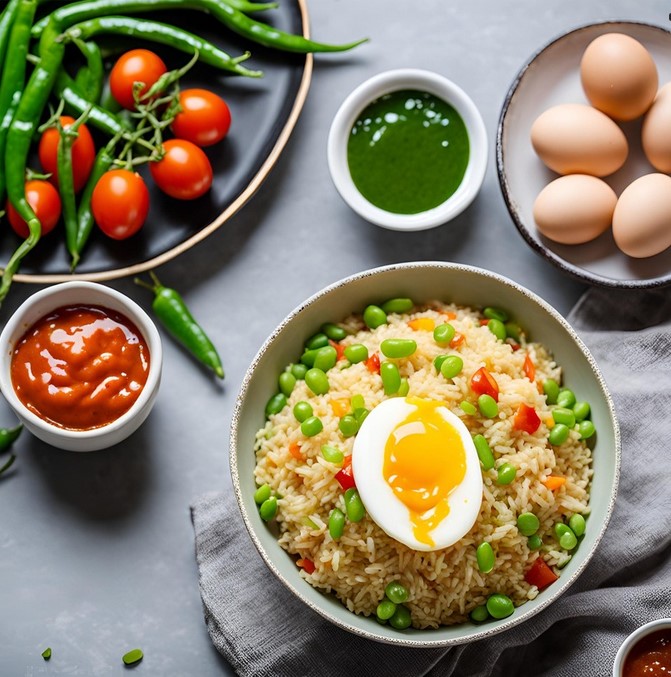 egg fried rice served in a bowl with tomato ketchup and boiled egg.