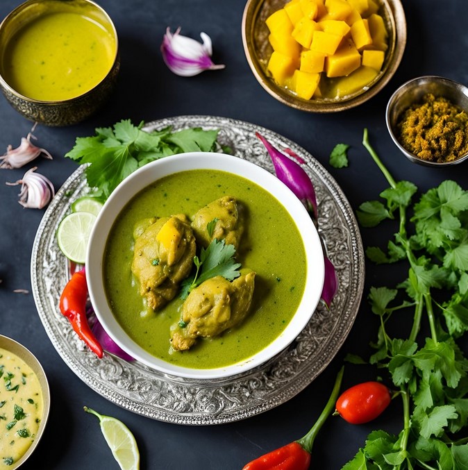 hariyali chicken served in bowl with mango cubes