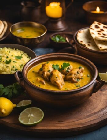 lemon chicken masala served in bowl with butter naan