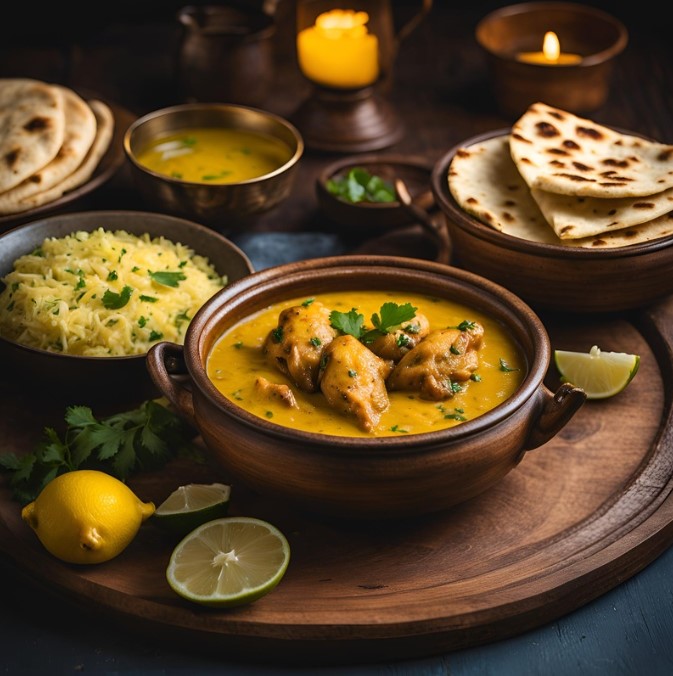 lemon chicken masala served in bowl with butter naan