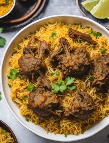 mutton dum biryani served in bowl with curry